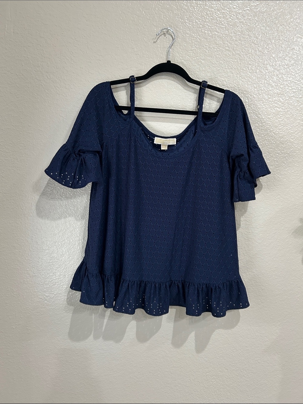 MICHAEL KORS Women's Ruffled Eyelet Cold-shoulder Blouse Shirt Top Sz L TC0076